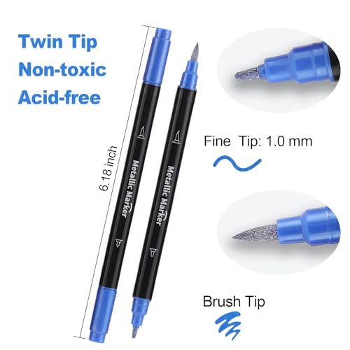 Colourcolor Metallic Marker Pens - Dual Tip Brush and Fine Point Pens for DIY Album, Black Cards, Rock Painting, Card Making, Scrapbooking, Fabric, Colourcolor