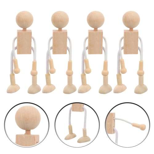 Tofficu Wooden Peg Dolls Unfinished Wood Robot 4pcs DIY Mini People Doll with Flexible Joint Wood Painting Figures Kids Educational Toys for Craft Tofficu