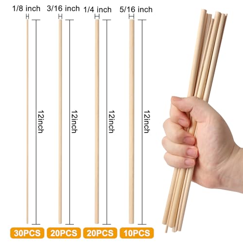 HAPY SHOP 80 Pieces Wooden Dowel Rods Assorted Sizes Dowel Rods 1/8, 3/16, 1/4, 5/16 x 12 Inch Unfinished Natural Wood Craft Dowel Rods for Crafts HAPY SHOP