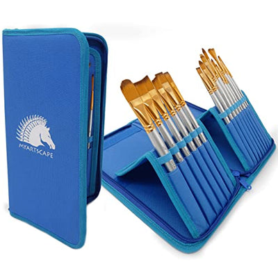 MyArtscape Paint Brushes - 15 Pc Art Brush Set for Watercolor, Acrylic, Oil & Face Painting | Short Handle Artist Paintbrushes with Travel Holder | 1