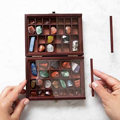 SmartyRocks Small, Portable Rock Display Case – Hand-Sized, 48-Slotted Small Shadow Box for Gemstones or Beads – Bamboo-Wood Rock Collection Display SmartyRocks