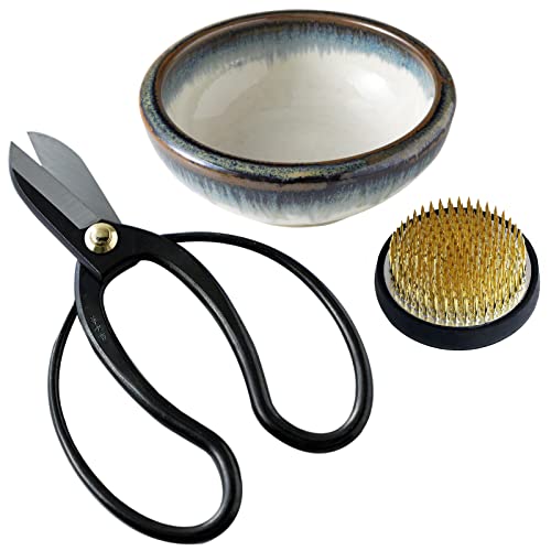 Wazakura Made in Japan Ikebana Floral Arrangement Kit. Koryu Scissors, Brass Kenzan, Minoyaki White & Blue Ceramic Flower Vase (Koryu, White & Blue Wazakura