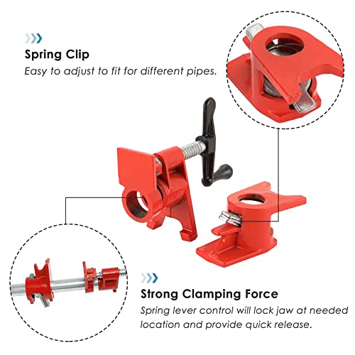 FLKQC 3/4" Wood Gluing Pipe Clamp Set with Unique Foot Design Red Heavy Duty Bar Clamps Cast Iron Quick Release Pipe Clamp Tools for Woodworking (8) FLKQC