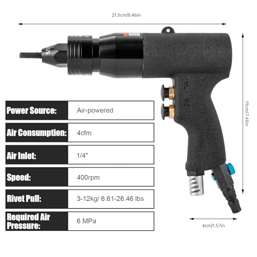 TFCFL Pneumatic Rivet Gun with 10-24", 1/4", 5/16", 3/8" Gun Head, Air Rivet Nut Tool Kit 1/4" Air Inlet with 20 Mandrels Riveting Gun Kit, 400rpm TFCFL