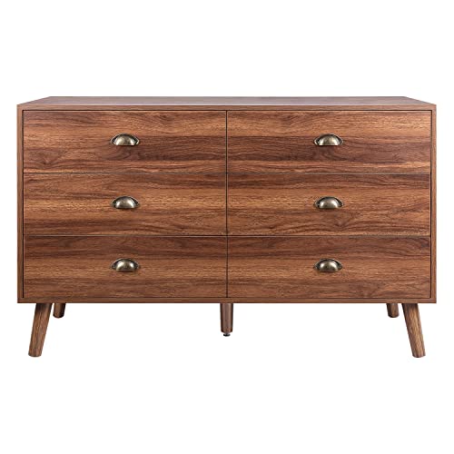 JOZZBY 6 Drawer Dresser with Metal Handle for Bedroom, Mid-Century, Modern Walnut Wood Dresser Chest of Drawers for Living Room, Hallway JOZZBY