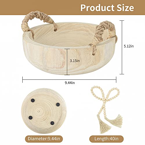 Paulownia Wood Bowl Rustic Wooden Dough Bowl for Decor Decorative Round Serving Key Bowl with Rope Handle and Wood Bead Garland for Christmas AllReal
