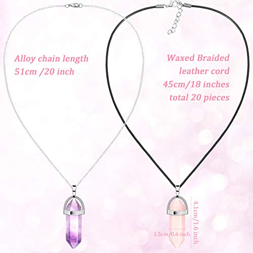 20 Pieces Hexagonal Crystal Necklaces Bullet Shape Gemstone Pendant Necklaces Quartz Stone Chain Necklaces with 20 Inch Chain and 18 Inch Leather Hicarer