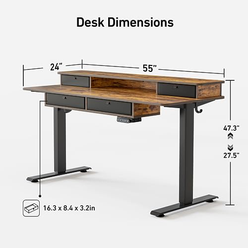 FEZIBO 55 x 24 Electric Standing Desk Adjustable Height with 4 Drawers, Sit Stand Desk with Storage Shelf, Rising Desk with Splice Board, Black FEZIBO