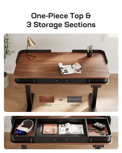 Marsail Electric Standing Desk Whole-Piece Desktop 48 x 24 Inches Height Adjustable Desk with 3 Drawers Home Office Table with 3 Memory Preset Marsail