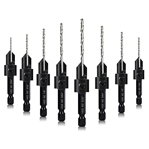 8 Pack Woodworking Countersink Drill Bits Set 3in1, Heavy Duty M2 Pilot Drill Bits Depth Adjustable, 82-Degree Chamfer, 1/4” Hex Shank, for DECKRKAT