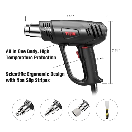 Heat Gun, TGK® 1800W Heavy Duty Hot Air Gun Kit 122℉~1202℉ Dual Temperature Settings with 6 Attachments Overload Protection for Crafts, Shrink TGK