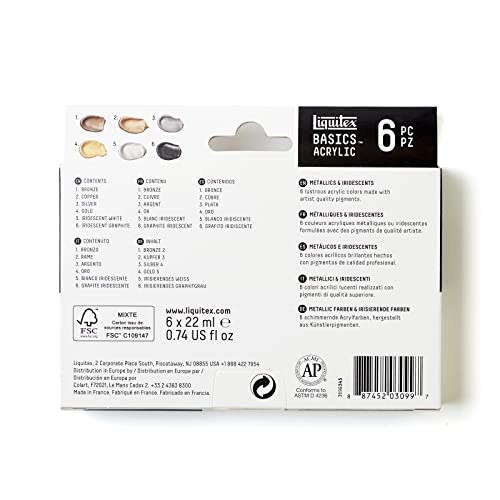 Liquitex BASICS Acrylic Paint Set, 6 x 22ml (0.74-oz) Tube Paint Set, Metallic & Iridescent Liquitex