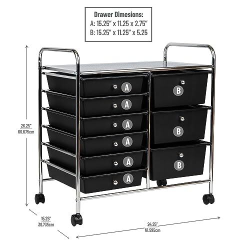 Mind Reader Rolling Cart with Drawers, Utility Cart, Craft Storage, Kitchen, Metal, 24.25"L x 15.25"W x 26.25"H, Black/Silver Mind Reader