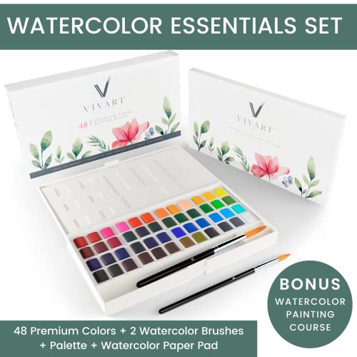 Watercolor Paint Set with 48 Premium Colors, 2 Artist Paint Brushes, 20-Sheet Paper Pad, Bonus Watercolor eBook Vivart