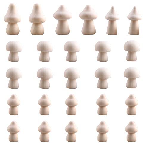 Woohome 26 PCS Wooden Mushroom Various Sizes Natural Unfinished Mushrooms Wooden Peg Figures, Natural Unpainted Wood Figures Decorative for Arts and Woohome