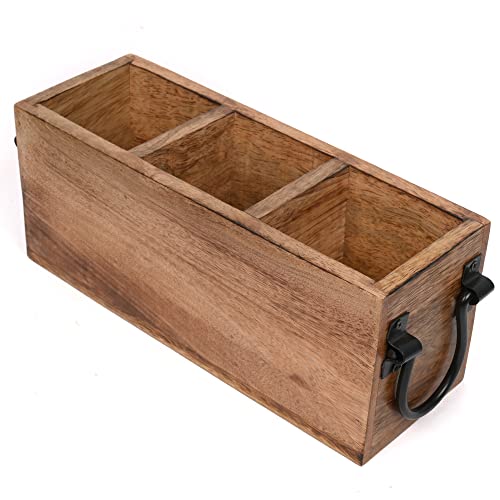 Samhita Mango Wood Cutlery Holder Caddy Organizer Wooden Utensils Storage Organizer Countertop for Silverware Fork Spoon Spatula 3 compartments (11" Samhita