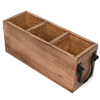 Samhita Mango Wood Cutlery Holder Caddy Organizer Wooden Utensils Storage Organizer Countertop for Silverware Fork Spoon Spatula 3 compartments (11"