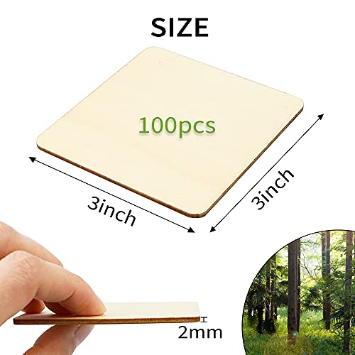 TKOnline 100Pcs Unfinished Wood Pieces, 3 x 3 Inch Blank Natural Wood Square Wooden Slices Wooden Board for DIY Crafts, Painting, Coasters, Scrabble TKOnline