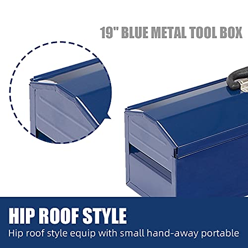 HPDMC Hip Roof Style Portable Steel Tool Box with Metal Latch Closure and Removable Storage Tray, 19" Blue 19.1" L x 6.1" W x 6.5" H HPDMC
