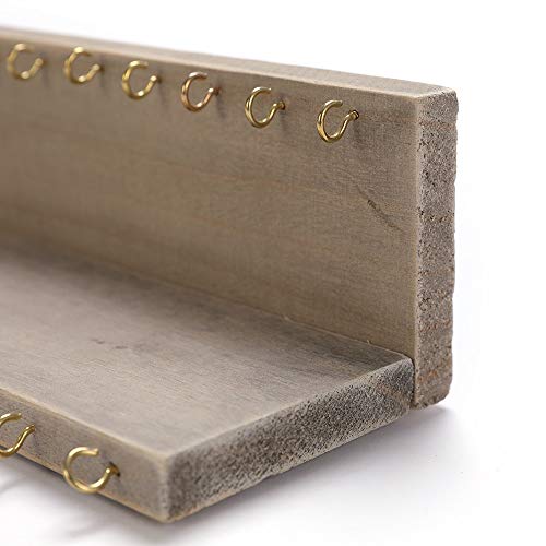 BYHER Wall Mounted Jewelry Organizer with 24 Hooks - Rustic Wood Shelf Jewelry Display - Storage for Necklaces, Bracelets, Earrings, Bows (24 Hooks) BYHER