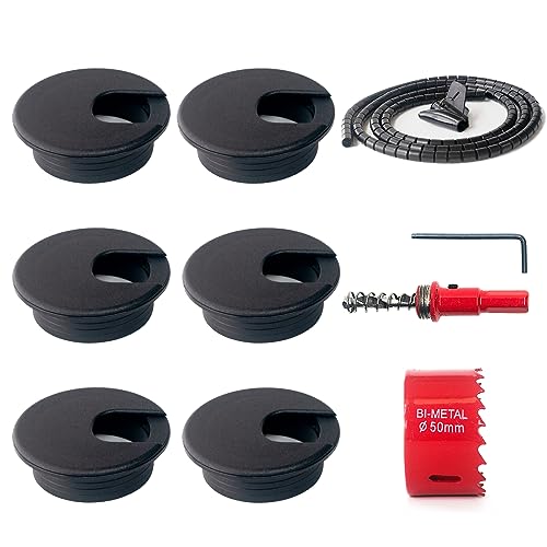 Bicafa 6-Pack Desk Grommet 50mm (2 inch) Wire Cord Cable Desk Hole Cover with Bi-Metal Hole Saw Kit and Cord Wire Wrap Coiled Tube Sleeve Bicafa