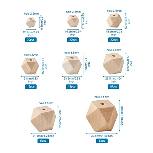Craftdady 145pcs Unfinished Geometric Wood Spacer Beads Unpainted Natural Wood Faceted Polygon Loose Beads 8 Sizes for Craft Jewelry Making Home Craftdady