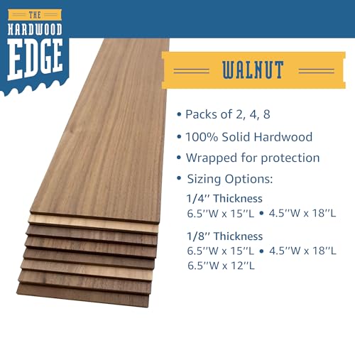 The Hardwood Edge Walnut Hardwood Planks - 2-Pack Walnut Wood for Unfinished Wood Crafts - 1/8’’ (3mm) 100% Pure Hardwood - Laser Engraving Blanks - THE HARDWOOD EDGE