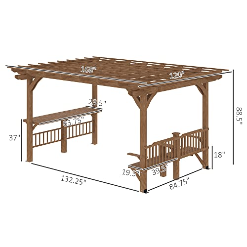 Outsunny 14' x 10' Outdoor Pergola, Wooden Grill Gazebo with Bar Counters and Seating Benches, for Garden, Patio, Backyard, Deck - Brown Outsunny
