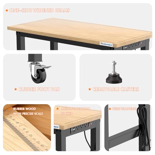 LARBANKE 48" Adjustable Workbench with Wheels,Heavy-Duty Rubber Wood Worktable with Power Outlets & Precision Scales & Foot Pads,2000 LBS Load LARBANKE