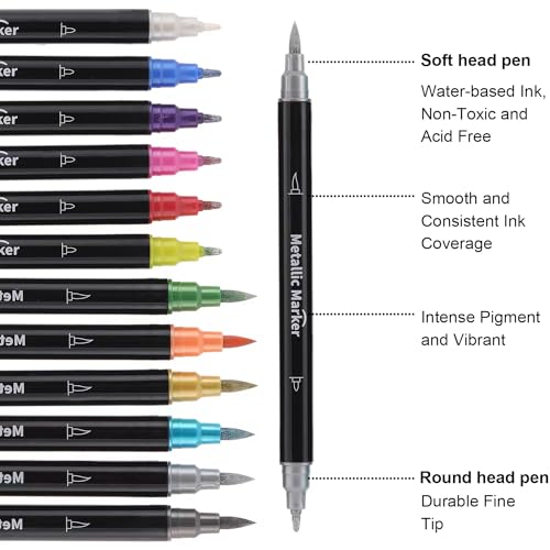 Colourcolor Metallic Marker Pens - Dual Tip Brush and Fine Point Pens for DIY Album, Black Cards, Rock Painting, Card Making, Scrapbooking, Fabric, Colourcolor