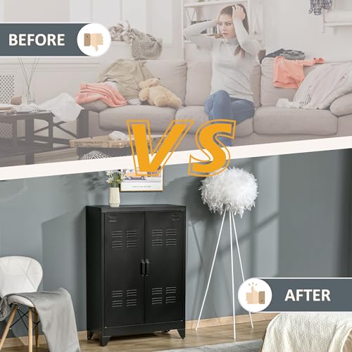 HOMCOM Industrial Storage Cabinet, Steel Garage Cabinet with Double Doors and Adjustable Shelves, Black HOMCOM