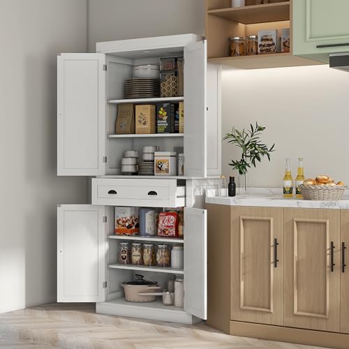 HOMCOM 72" Freestanding Kitchen Pantry Cabinet, Tall Storage Cabinet with 2 Door Cabinets, Drawer and Adjustable Shelves, White Wood Grain HOMCOM