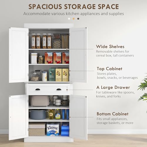 HOMCOM 72" Freestanding Kitchen Pantry Cabinet, Tall Storage Cabinet with 2 Door Cabinets, Drawer and Adjustable Shelves, White Wood Grain HOMCOM
