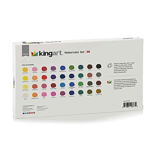 KINGART 511-36 W/Brush, Set of 36 Watercolor Paint Set, Assorted 36 Piece KINGART