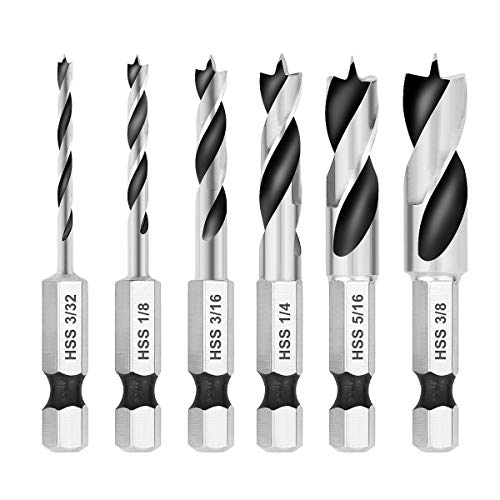 COMOWARE Brad Point Stubby Drill Bit Set for Wood, 6pcs HSS 4241 Steel with 1/4-Inch Quick Change Hex Shank COMOWARE