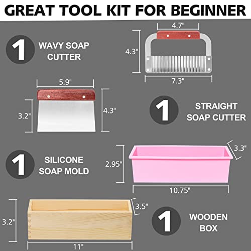 LERYKIN Rectangular Soap Mold Kit with Cutter- 42oz Flexible Silicone Loaf Soap Mold with Wood Box, Stainless Steel Wavy & Straight Scraper for Lerykin