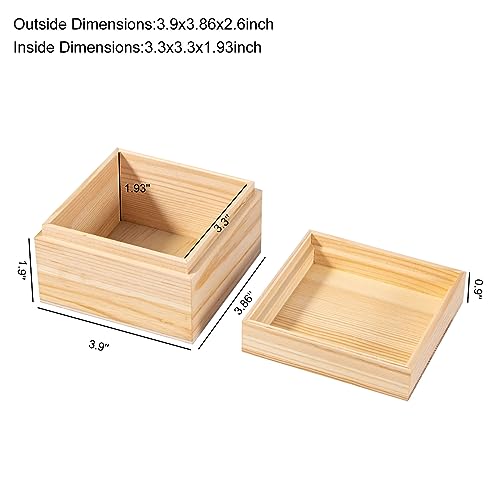 Useekoo Unfinished Wooden Box with Lid, 2 Pcs 3.9''x3.86''x2.6'' Small Keepsake Box, Rustic Wood Boxes for Crafts Art Hobbies and Home Decorations Useekoo