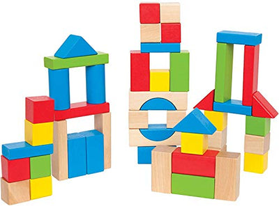 Maple Wood Kids Building Blocks by Hape | Stacking Wooden Block Educational Toy Set for Toddlers, 50 Brightly Colored Pieces in Assorted Shapes and