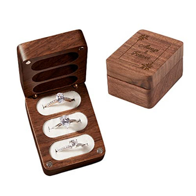 Always & Forever Ring Box 3 Slot for Wedding Ceremony Engagement Valentine's Day Birthday Ring Bearer Box Walnut Wooden Ring Box Engrave Wedding Ring