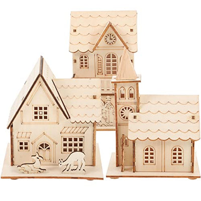 Toyvian 3pcs Christmas Led Light Wooden House with Battery, Unfinished Wooden Christmas Village Mini Houses Micro House Landscape Decors for