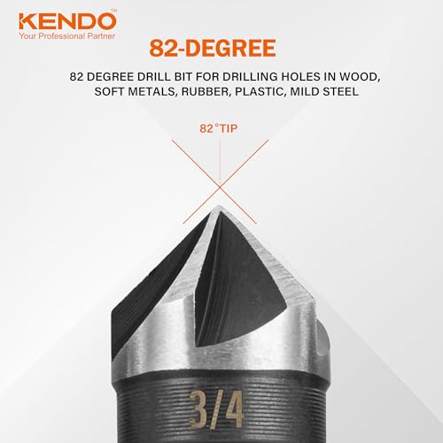 KENDO 5PCS Countersink Drill Bit Set, High Speed Steel Countersink Bits, 82 Degree 5 Flute Pieces, 1/4 Inch Hex Shank, Fit for Sink Holes into Kendo