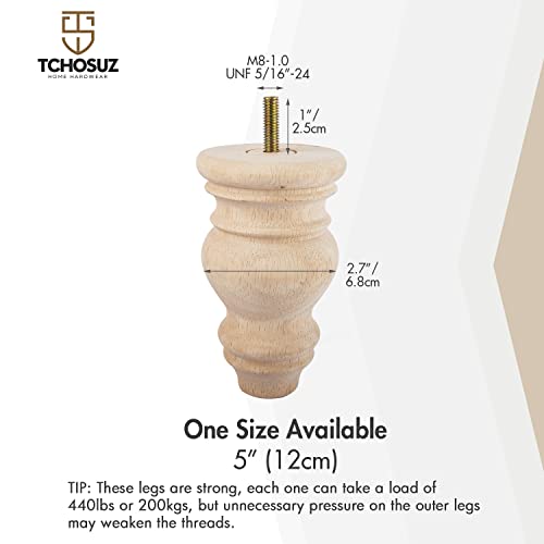 5 inch / 12cm Wooden Furniture Legs, Tchosuz Pack of 4 Unfinished Solid Wood Turned DIY Replacement Bun Feet with M8 Hanger Bolts & T-Nuts or Sofa WoodArtSupply