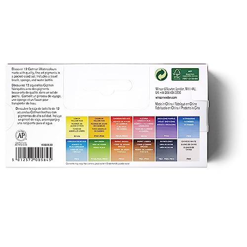 Winsor & Newton Cotman Watercolor Paint Set, Field Pocket Set, 12 Half Pan w/ Brush, Sponge, Bottle Winsor & Newton