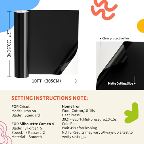 JAVIGA Heat Transfer Vinyl, Black HTV 12" x 10ft Black Iron on Vinyl Roll Compatible with Cricut All Cutting Machine and Heat Press, Black HTV Vinyl JAVIGA