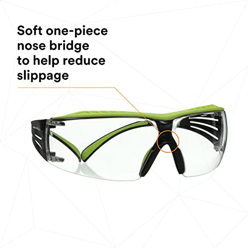 3M Safety Glasses, SecureFit 400X, ANSI Z87, Anti-Fog Anti-Scratch Clear Lens, Green and Black Frame, Brow Guard, Lightweight, Soft Nose Bridge and 3M SecureFit