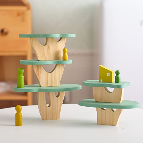 Wooden Tree Toy Pack of 15 Wood Stacking Forest Toys for Toddlers Peg Doll and Tree Sensory Toys for Kids Educational Stacking Balancing Blocks WOODEN TEETHER