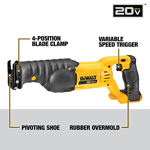 DEWALT 20V MAX Reciprocating Saw, 3,000 Strokes Per Minute, Variable Speed Trigger, Bare Tool Only (DCS380B), Black/Clear DEWALT