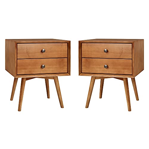 Walker Edison Ella Mid-Century Modern 2-Piece 2-Drawer Solid Wood Nightstand Set, 2 Pack, Caramel Walker Edison