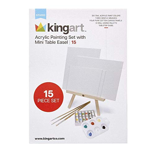 KINGART Artist Painting Set with 6 Vivid Acrylic Paint Colors, 12" Easel, 4 Canvas Panels, 3 Brushes, Painting Palette - School, Students, Beginners KINGART