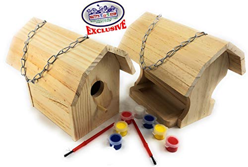 Matty's Toy Stop Paint-A-Barn Wooden Birdhouse & Bird Feeder (Includes Paints & Brushes) Gift Set Bundle - 2 Pack Matty's Toy Stop
